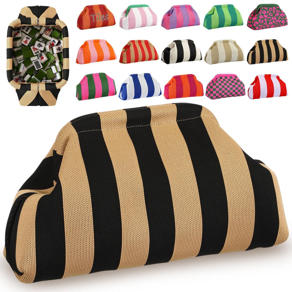Sunnymove Mahjong Tile Bag Woven Clutch Purses for Women Woven Striped Dumpling Bag Summer Beach Evening Handbag for Mahjong Tile Vacation Supplies(Black Yellow,Thin Lines)