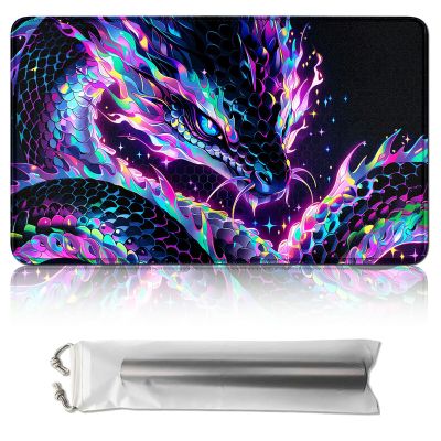 MTG Playmat 24x14 in, TCG Card Game Mat with Stitched Edges, Non-Slip Rubber Base, Waterproof Play Mat for Trading Card Games, 2mm Thickness with Storage Bag Neon Snake