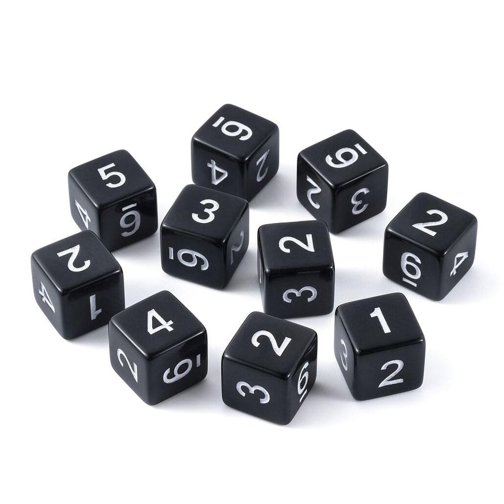 Yulizhi 10 Pieces Polyhedral D6 Dice Set, 6 Sided Dice 16mm Square Edge Dice for RPG MTG DND Table Games (Black)