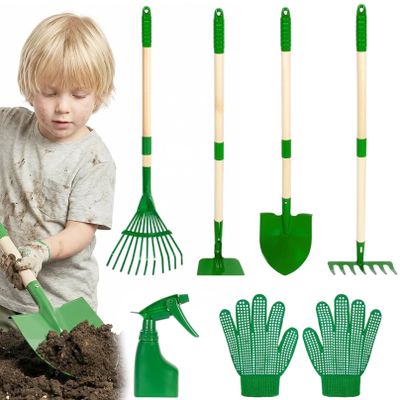 Otbushit 6PCS Toddler Gardening Set, Green Outdoor Garden Toy Set with Shovel & Rake, Wooden Handle & Metal Heads for Boys & Girls Ages 3+