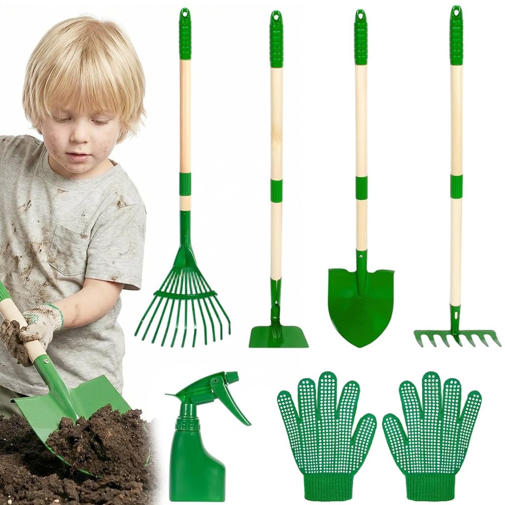 Otbushit 6PCS Toddler Gardening Set, Green Outdoor Garden Toy Set with Shovel & Rake, Wooden Handle & Metal Heads for Boys & Girls Ages 3+