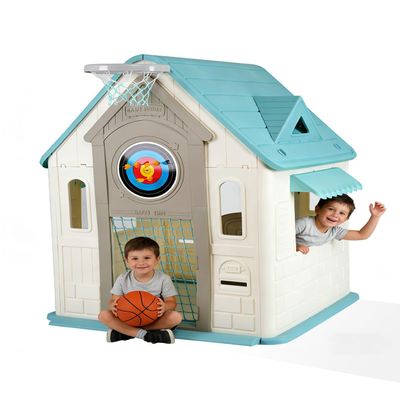 Deluxe Green & White Kids Playhouse, Indoor Outdoor Cottage Playset with Basketball Hoop, Soccer Goal, Magnetic Dartboard & Ring Toss, for Toddlers Ages 2-8