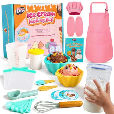 Kids Ice Cream Making Science Kit Make Real Ice Cream with Reusable Shaker, Includes Chef Costume (Apron+Hat+Sleeves), Visual Recipes, Scoop & Bowls STEM Gift for Ages 6-12