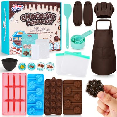 Glowsprout Chocolate Making Kit for Kids Ages 6+ Real DIY Chocolate Tools with 5 Molds (Flower, Tulip, Lollipop, Bar, Round), Adjustable Chef Apron+Hat+Sleeves, Visual Recipes STEM Gift
