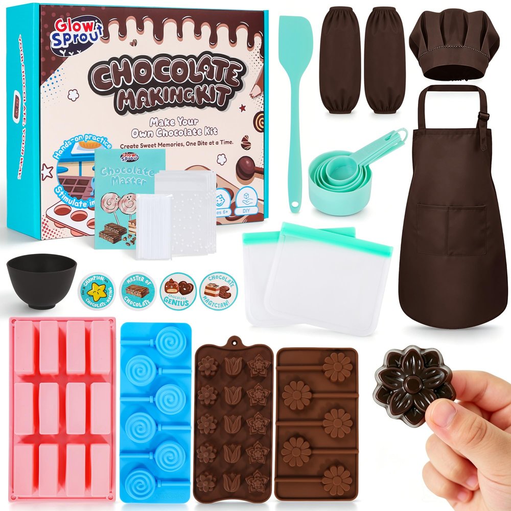 Glowsprout Chocolate Making Kit for Kids Ages 6+ Real DIY Chocolate Tools with 5 Molds (Flower, Tulip, Lollipop, Bar, Round), Adjustable Chef Apron+Hat+Sleeves, Visual Recipes STEM Gift