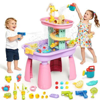 CRATIVWOOD Toddler Water Table for Kids - Sand and Water Table with 28PCS Toy Accessories & Rain Shower Sprinkler, Outdoor Sensory Water Play Table, STEM Toy Summer Gift for Boys Girls Ages 3-8