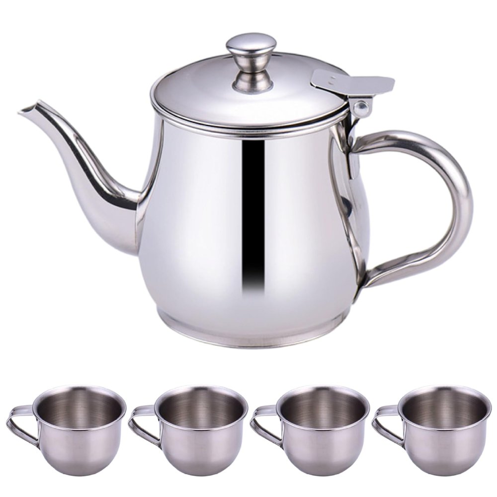 Kids Tea Set Includes Portable 330ml Stainless Steel Long Spout Teapot with Filter Screen and 4 70ml Cups for Children Camping Home