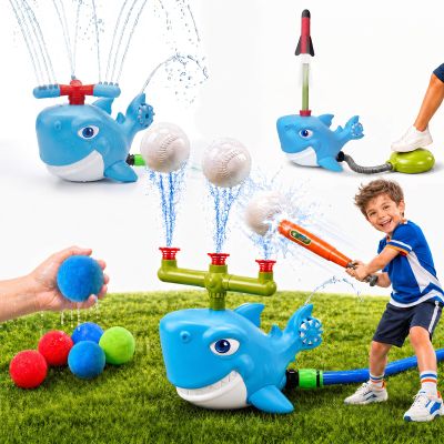 Shark Water Sprinkler Toy, 4-in-1 T Ball Splash Game for Kids Ages 3-8
