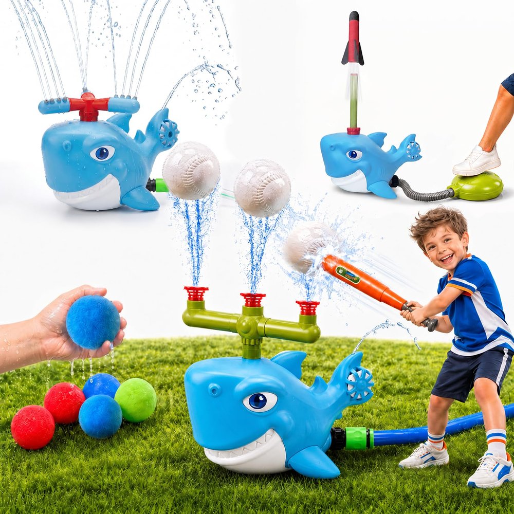 Shark Water Sprinkler Toy, 4-in-1 T Ball Splash Game for Kids Ages 3-8