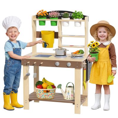 Babytronic Mud Kitchen, Wooden Outdoor Kitchen for Kids Age 3+, Play Kitchen Set with 19 Accessories, Play Sink with Running Water, Stove, Mud Table for Sensory Fun, Cooking, Planting, Toddler Gift