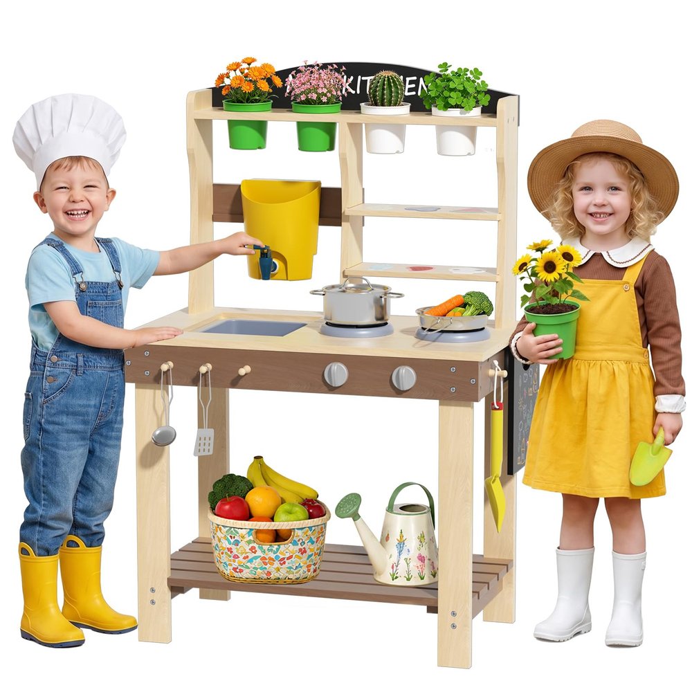 Babytronic Mud Kitchen, Wooden Outdoor Kitchen for Kids Age 3+, Play Kitchen Set with 19 Accessories, Play Sink with Running Water, Stove, Mud Table for Sensory Fun, Cooking, Planting, Toddler Gift