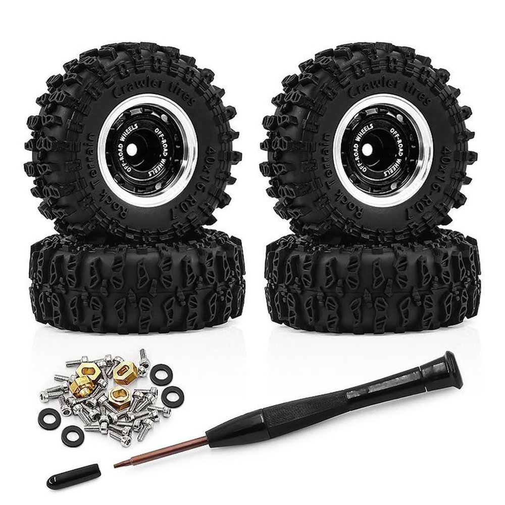 4PCS 0.7'' Aluminum Alloy Wheel Rim Tires Wheels RC Upgrade Parts for AXIAL 1/30 SCX30 Chevrolet K10, Ford Bronco, Wrangler JLU RC Climbing Car (Black Type D)