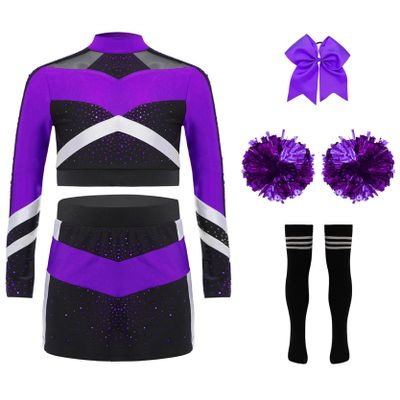 Lorilida Girls Cheerleading Uniform Cheer Leader Outfit Halloween Competition Top with Skirt Headband Socks Pom-pom Purple 6 Years