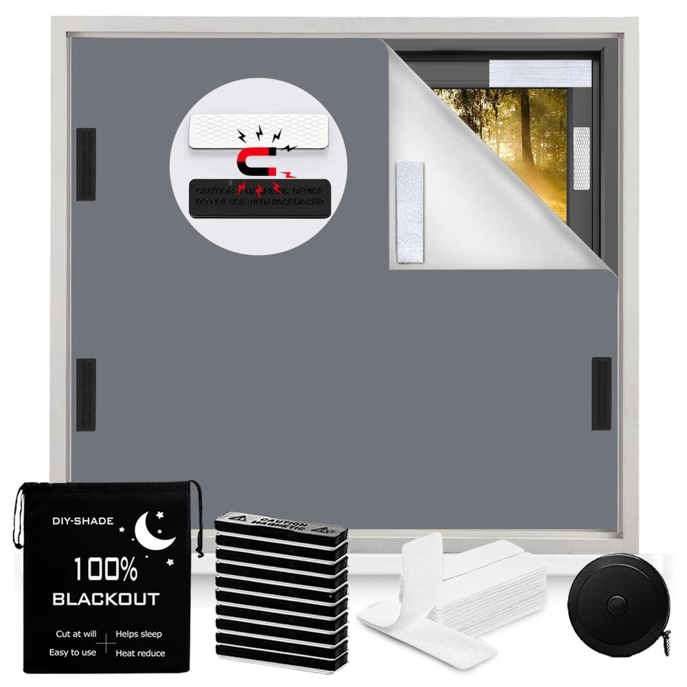 100% Blackout Window Cover Magnetic Blackout Curtains,Portable Black Out Shades No Drill Cuttable Blackout Blinds for Bedroom, RV, Nursery, Media Room,Dorm,Grey (57" W x 79" H)