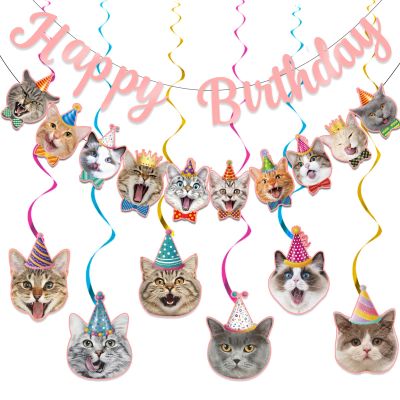Cat Themed Birthday Party Decorations, Cat Birthday Decorations for Backdrop, Cute Cat Birthday Banner with 6 Hanging Swirls for Cats Birthday Decorations ,Pink