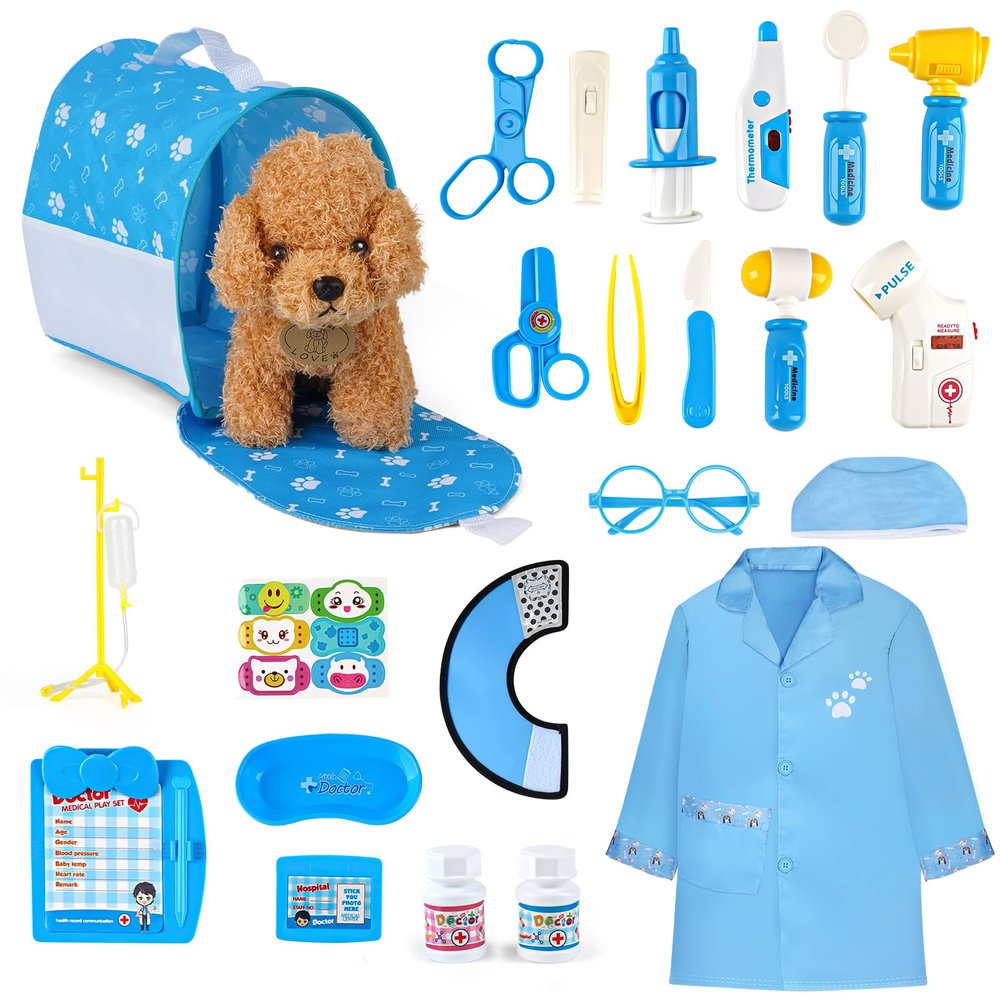 Doctors Set for Kids - Children Pet Vet Care Play Set with Doctor Costume, Plush Dog, Pretend Role Play Medical Kit Toys Gifts for 3 4 5 6 Year Old Girls