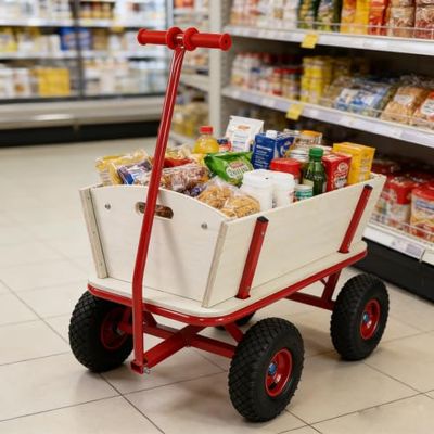 Wooden Outdoor Sport Wagon All-Terrain Handcart with Removable Side Panels Kids Pulling Cart Foldable Pet Stroller for Halloween Christmas, Natural Color