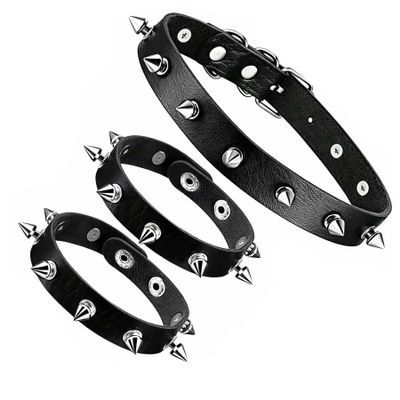Adjustable Plus Size Spike Leather Choker Collar Bracelet Set for Men Black