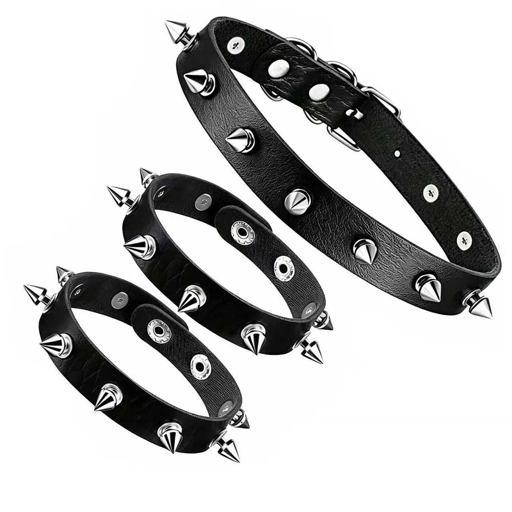 Adjustable Plus Size Spike Leather Choker Collar Bracelet Set for Men Black