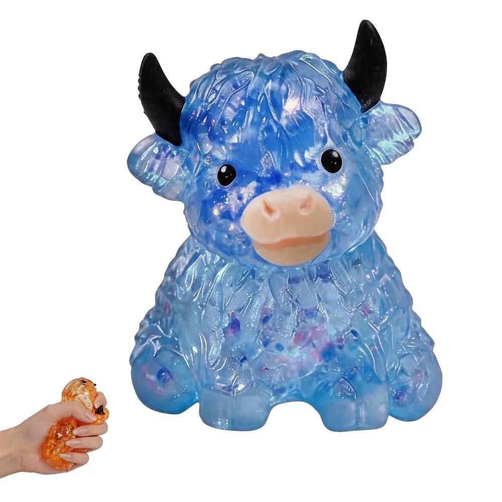 1PCS Cute Cow Squishy Stress Ball Glitter,Squishy Cow Soft Slow Rising Stress,Textured Crystal Jelly Fidget Toy for Adults,Soft Slow Rising Cute Highland Cows Decor for Anxiety Relief Pet Lover Blue