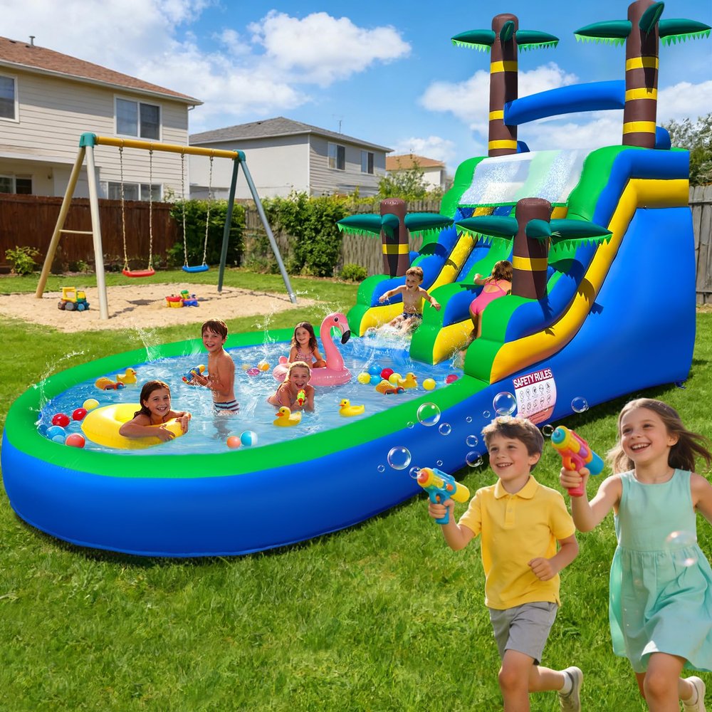 26ft Inflatable Water Slide with Splash Pool & 10M Water Hose & 1100W Blower, 100% PVC Commercial Material Heavy Duty Wet/Dry Inflatable Slide for Kids & Adults, Backyard Outdoor Summer Water Play