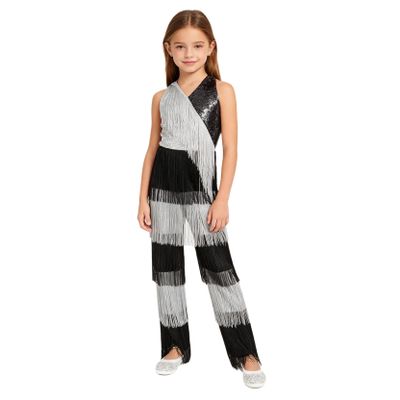 Shinsto Girls Disco Performance Retro Ballroom Overall Latin Jazz Dance Bodysuits Hippie Star Dress-up Sparkle Outfit White 10 Years