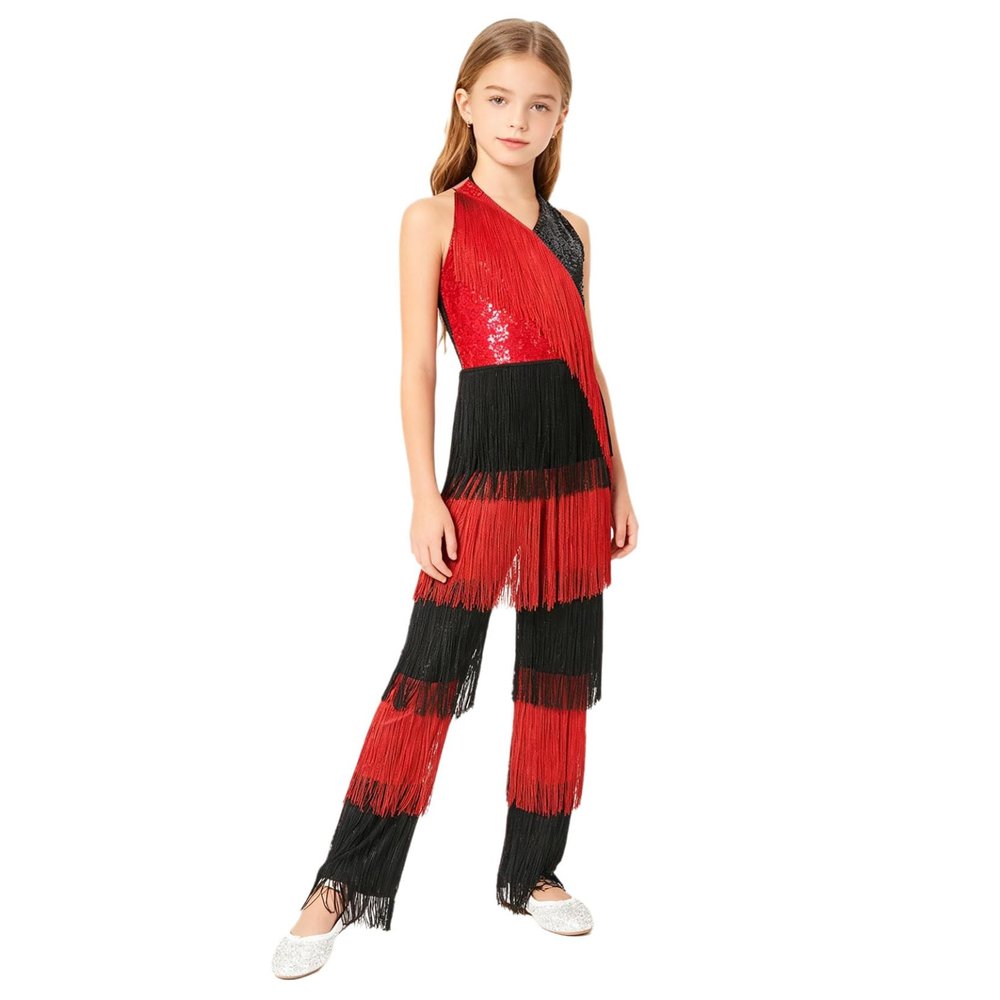 Shinsto Girls Disco Performance Retro Ballroom Overall Latin Jazz Dance Bodysuits Hippie Star Dress-up Sparkle Outfit Red 14 Years