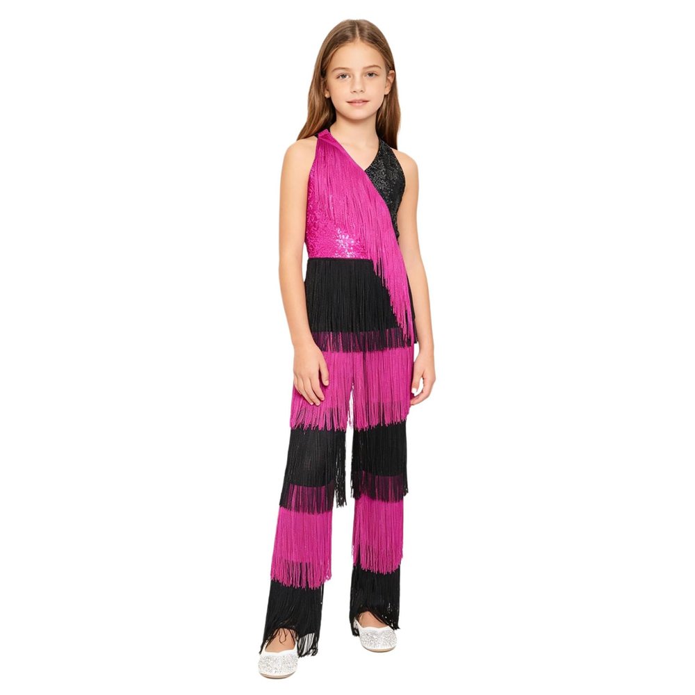 Shinsto Girls Disco Performance Retro Ballroom Overall Latin Jazz Dance Bodysuits Hippie Star Dress-up Sparkle Outfit Hot Pink 6 Years