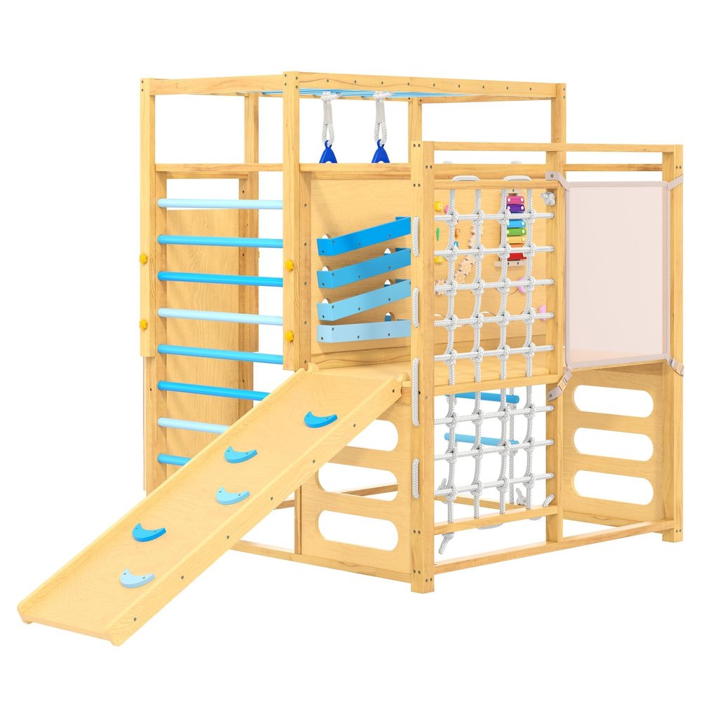 Hoguyexila 9-in-1 Indoor Outdoor Jungle Gym, Wooden Toddler Jungle Gym Playground Set, Wood Kids Climbing Structure with Slide, Monkey Bars, Rope Ladder, Rock Wall, Climbing Net & Rings for Ages 2-8