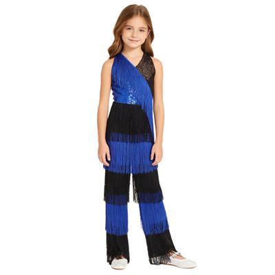 Shinsto Girls Disco Performance Retro Ballroom Overall Latin Jazz Dance Bodysuits Hippie Star Dress-up Sparkle Outfit Royal Blue 8 Years