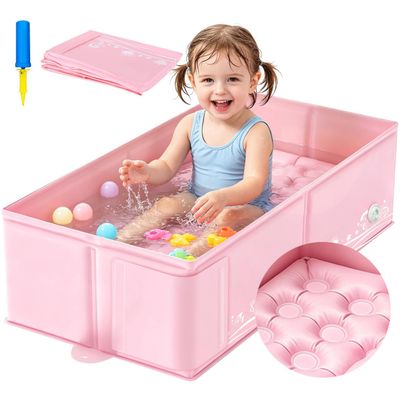 Collapsible Baby Bathtub for Babies & Toddlers, Foldable Portable Baby Tub for Small Bathrooms, Travel, Shower & Everyday Bathing, Soft Inflatable Cushion, Non-Slip, Quick Drain & Easy Cleanup, Pink