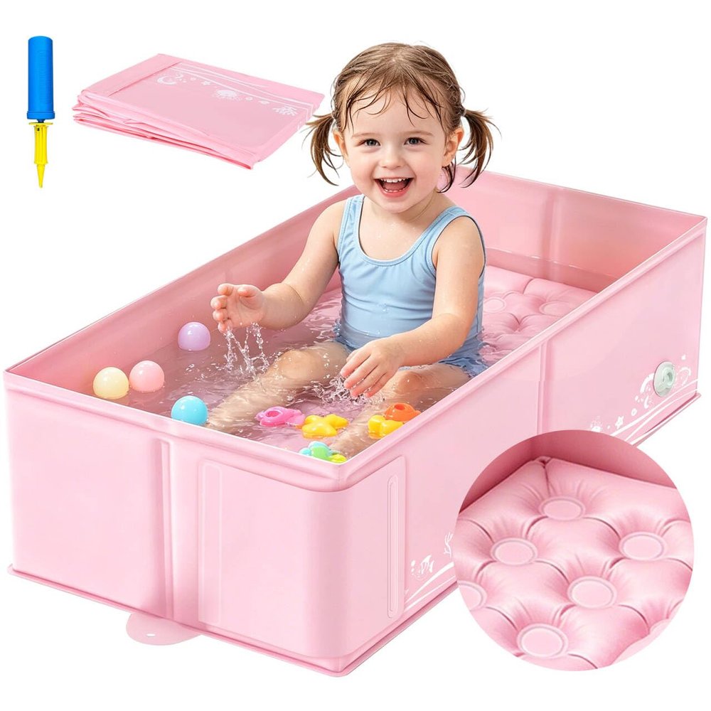 Collapsible Baby Bathtub for Babies & Toddlers, Foldable Portable Baby Tub for Small Bathrooms, Travel, Shower & Everyday Bathing, Soft Inflatable Cushion, Non-Slip, Quick Drain & Easy Cleanup, Pink