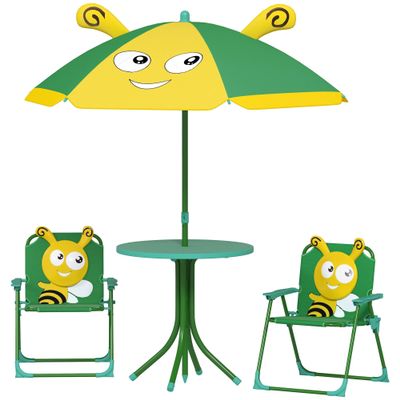 LMJITDS 4-Piece Picnic Set: Round Table, 2 Folding Chairs, Adjustable Umbrella (39.4" Dia), Green, Steel/Polyester, Ages 2-5