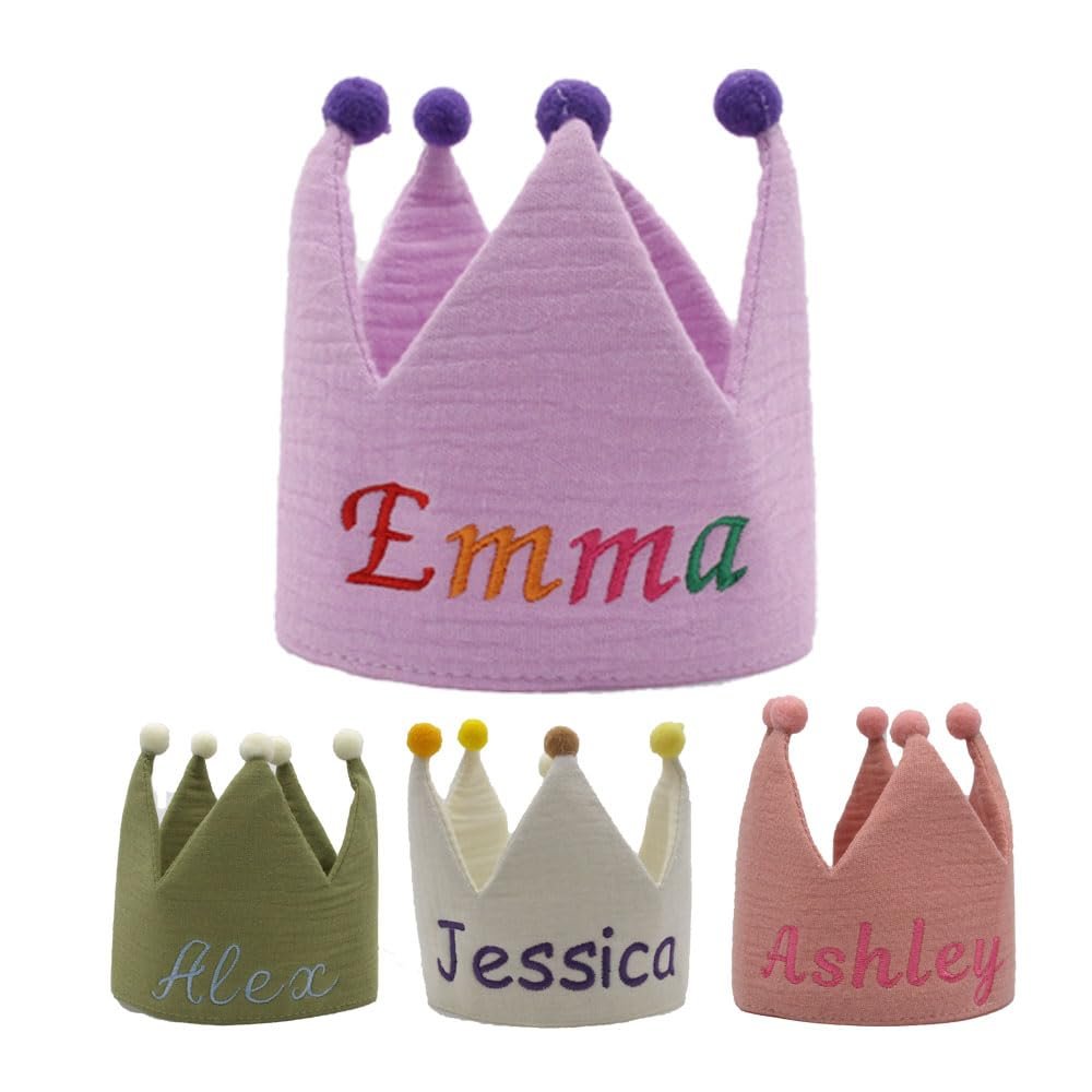 ansulen Personalized Embroidered Name Cotton Fabric Birthday Crown Hat for Kid,Birthday & Party Hat Keepsake for First Birthday Party and Special Occasions, Party Hat For Baby