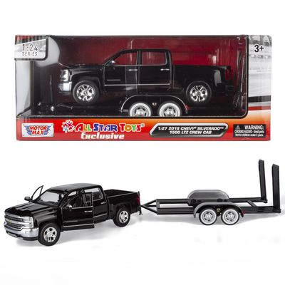 Motormax 2018 Chevy Silverado 1500 LTZ Crew Cab Pickup Truck with a Car Hauler, Truck & Tow Trailer Combo, 1/27 Scale Diecast Model, Black, All Star Toys Exclusive 79353/76001