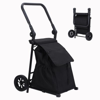 OUTLANE Heavy Duty Collapsible Shopping Cart with Wheels, Removable Waterproof Bag, Cushion Seat & Adjustable Handle, Portable Utility Trolley for Market Laundry Outdoor Travel, Black