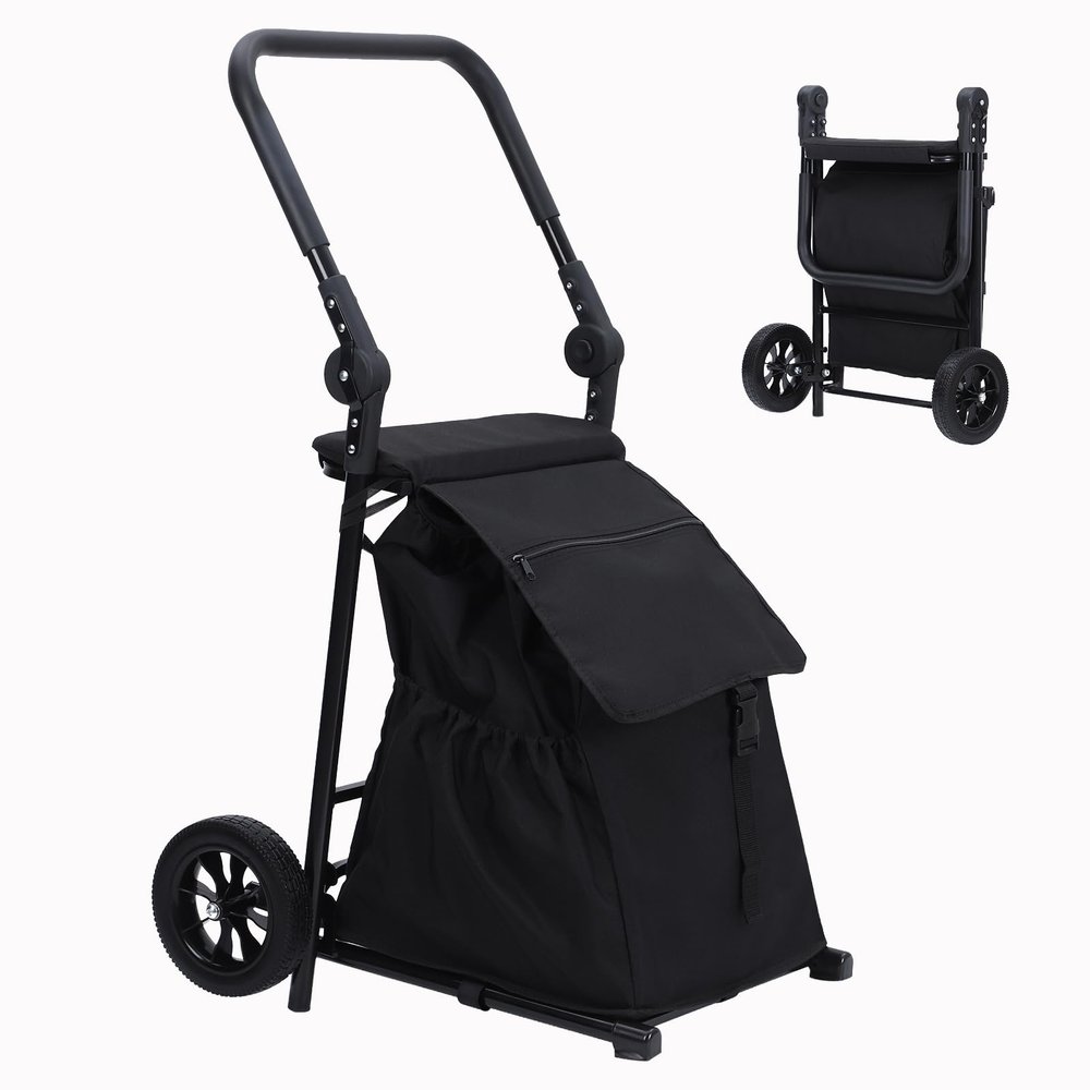 OUTLANE Heavy Duty Collapsible Shopping Cart with Wheels, Removable Waterproof Bag, Cushion Seat & Adjustable Handle, Portable Utility Trolley for Market Laundry Outdoor Travel, Black