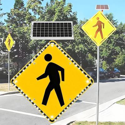 24" Solar LED Stop Sign - Flashing Pedestrian Crossing Warning Sign, Durable Aluminum Traffic Sign with Mounting Kit - Custom Sizes & Patterns Available