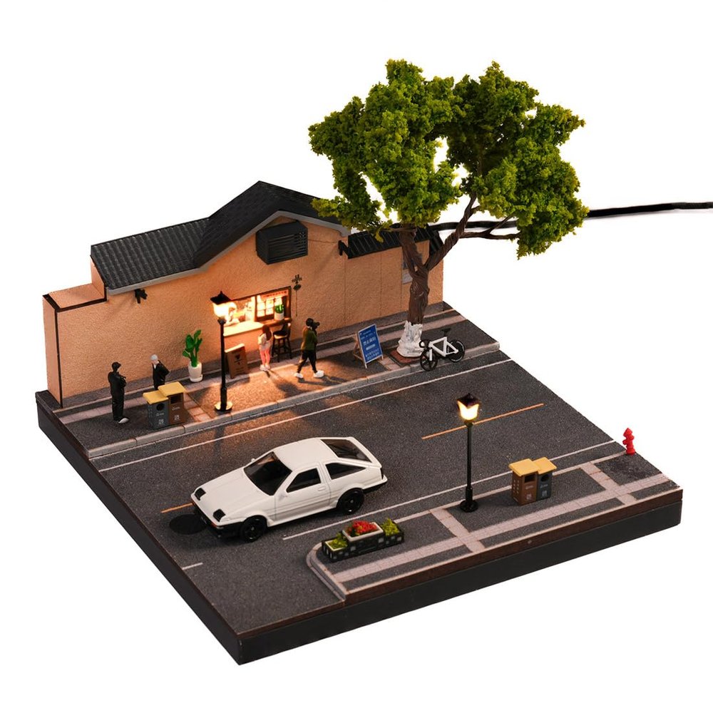 1/64 Modular Yihe Cafe Landmark Diorama with LED Street Lamps, Diecast Cars & Figure - Miniature Archicture Street Scene Display