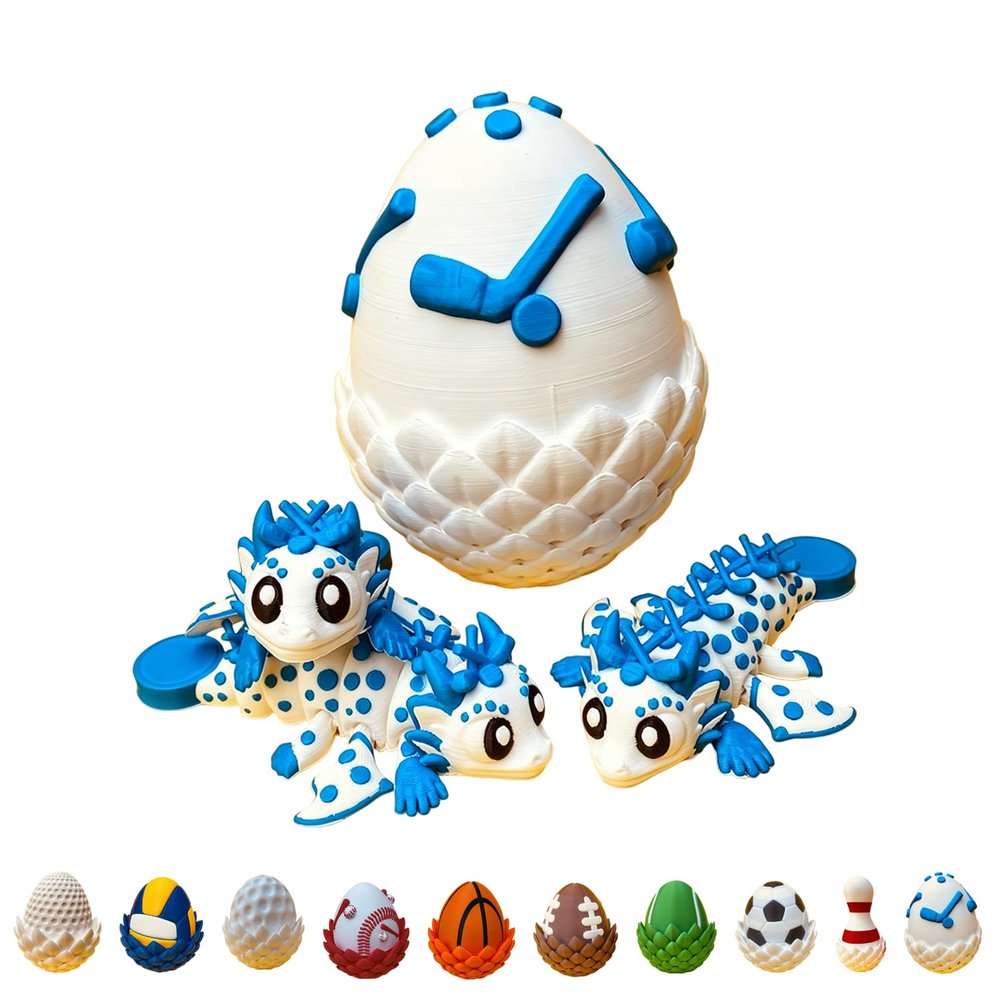 Baseball Dragon & Egg, 3Pc Winged Dragon Fidget Toy, 3D Dragon Eggs with Dragon Inside, 3D Printed Dragon Egg, Articulated Winged Dragon Fidget Toy, Sports Ball Style Dragons (3, Ice Hockey)