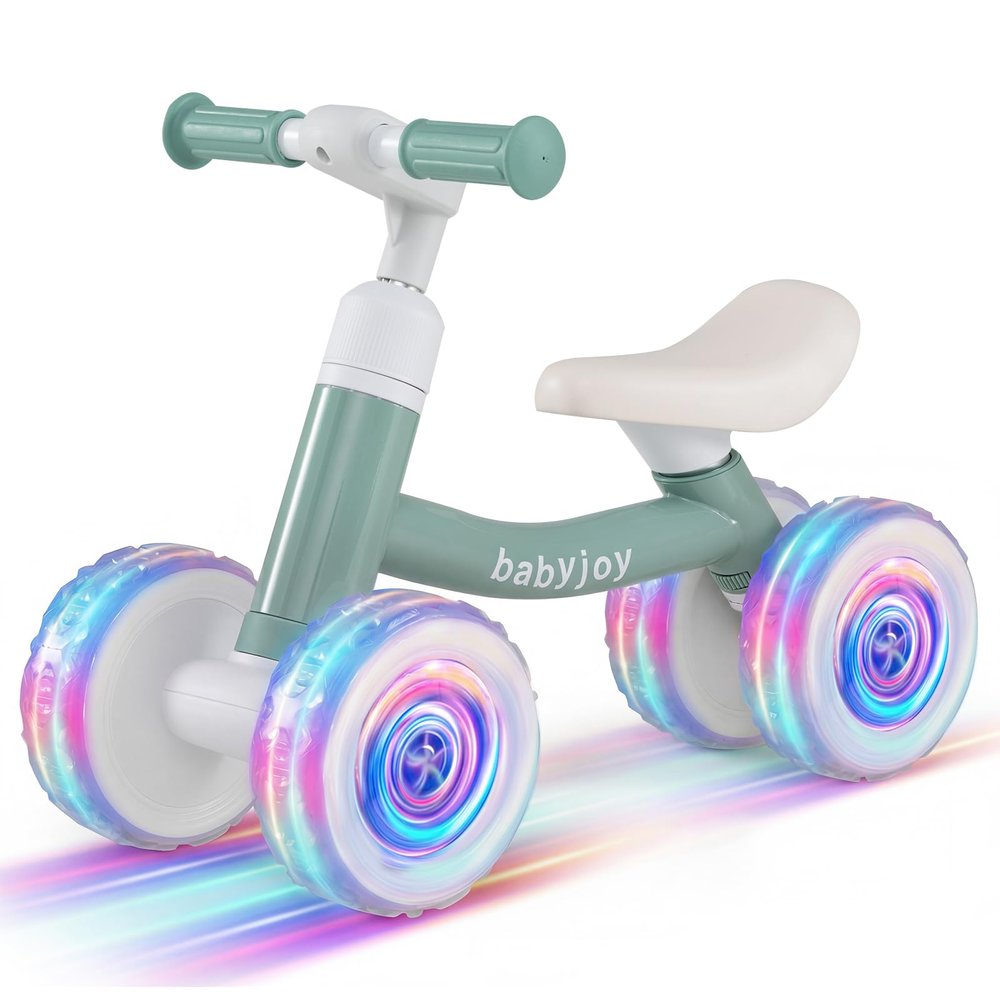 BABY JOY Balance Bike, 4 Wheels Lighting Toddler Bike for 1-3 Years with Adjustable Handlebar &Seat, Carbon Steel Frame and No Pedal, Baby Walker for Boys Girls Gift (Green)
