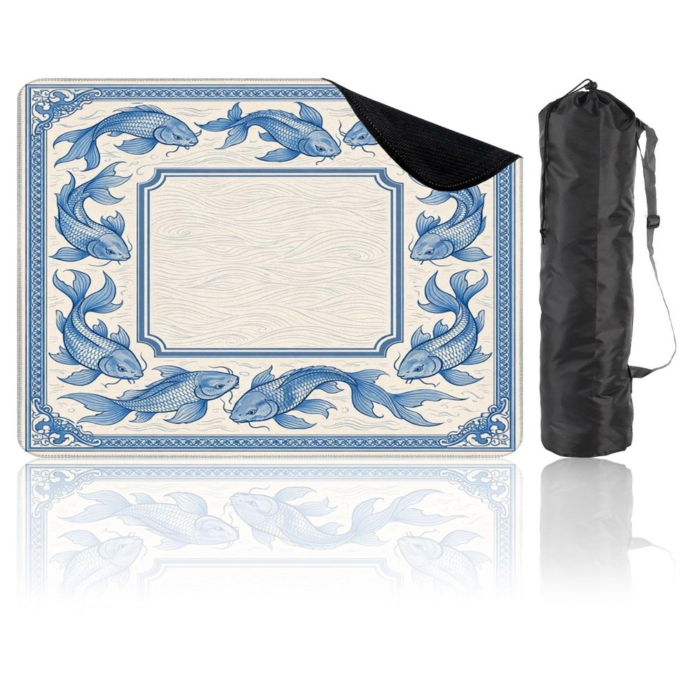 31.5" x 31.5" Mahjong Mat for Table with Carrying Bag Blue Fish Decorative Frame Oriental Non-Slip Noise-Reducing Game Mat for Mahjong Poker Dominoes Board Games