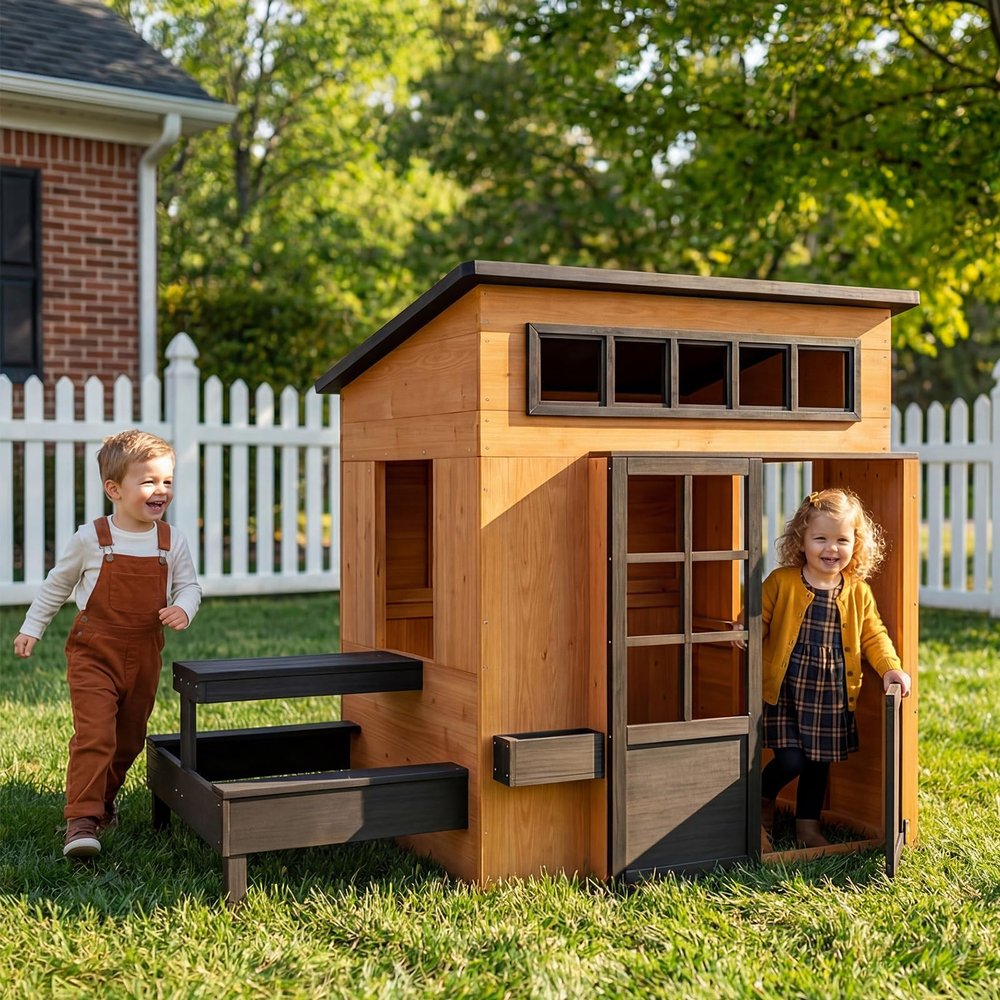 SunSwell Outdoor Playhouse - Modern Fir Wooden Playhouse for Kids Outdoor with Play Kitchen, Outside Table, Chalkboard, Half Door, Windows, Flower Box, Indoor Outdoor Imaginative Play for Ages 3-8