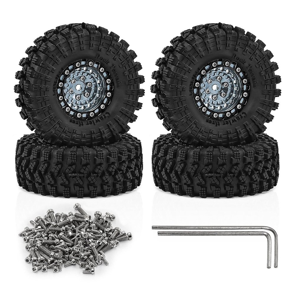 4Pack 1.3 Wheel Tires Set Aluminum Alloy Wheels and 7026mm Tires W344 Compatible with TRX4M SCX24 for 1/18 1/24 RC Crawler Car Upgrade Accessories (Titanium Color)