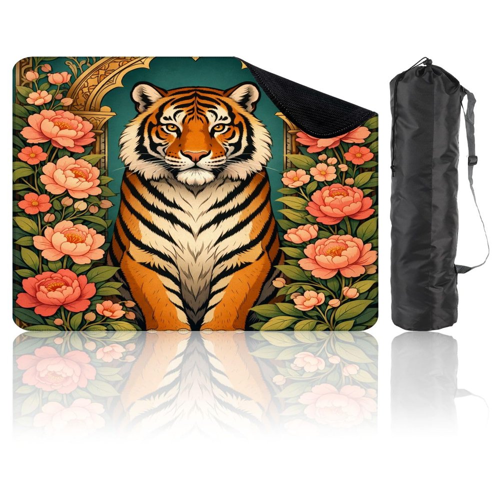 31.5" x 31.5" Mahjong Mat for Table with Carrying Bag Tiger Surrounded by Peony Flowers Ornate Style Non-Slip Noise-Reducing Game Mat for Mahjong Poker Dominoes Board Games