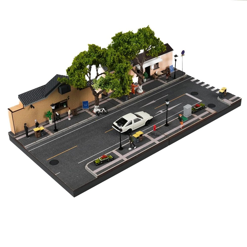 1/64 Modular Cafe Landmark Diorama with LED Street Lamps, Diecast Cars & Figure - Miniature Archicture Street Scene Display