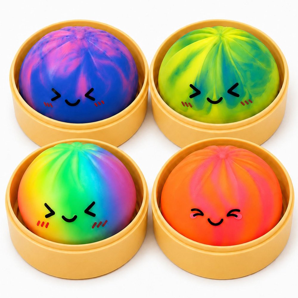 4PCS Rainbow Dumpling Squishies Toys with Food Steamer,Tie Dye Squeeze Dough Fidget Sensory Stress Balls,Stretchy Hand Desk Toys for Stress Relief Squishies Dumpling Gifts