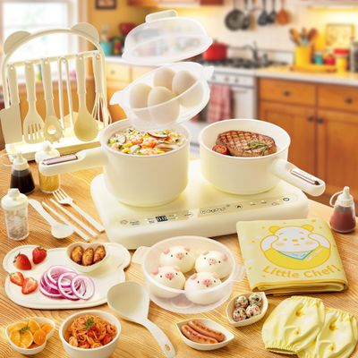Gotoofun Kids Cooking Sets Real, Dual Stove Real Cooking Set for Kids with Mini Cookware, Safe Utensils, Apron & Kitchen Tools, Montessori Pretend Play Cooking Toy for Girls Boys Ages 8+, Beige