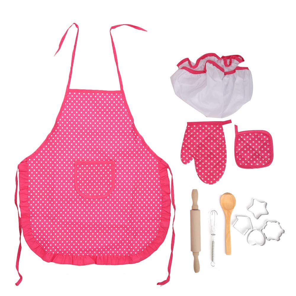 Blaihild Kids Baking Set, 11-Piece Cooking Toys with Apron and Chef Hat, Ideal for Imaginative Play for Toddlers and Preschoolers (Round Dots)