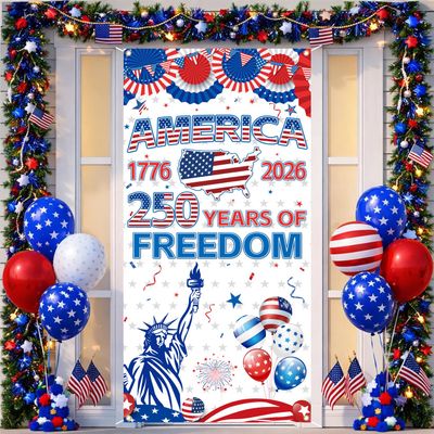250th Anniversary Door Cover 71x35 Inch, 250 Years of Freedom USA 1776-2026 Patriotic Front Door Banner, 4th of July Independence Day Porch Sign Party Backdrop